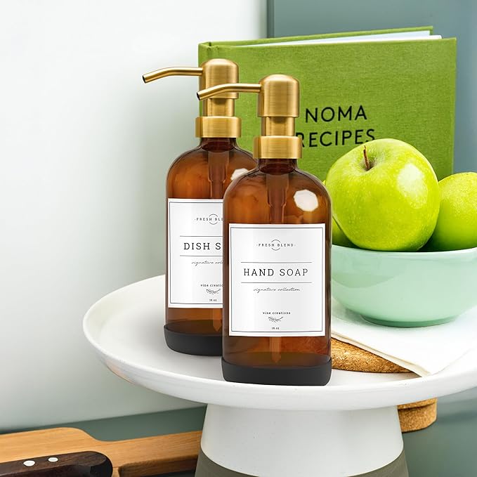 Vine Creations Amber Glass Soap Dispenser, 2 Pack Kitchen Soap Dispenser Set with Stainless Steel Pump, 16 oz Dish Soap and Hand Soap Dispensers for Bathroom with Waterproof Labels
