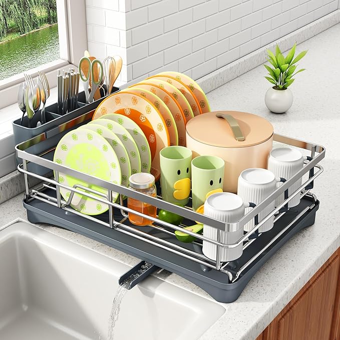 Dish Drying Rack - Stainless Steel Dish Rack for Kitchen Counter, Large-Capacity Dish Drainer with Cutlery Holder, Kitchen Organizer for Dishes, Spoons and Forks, Silver