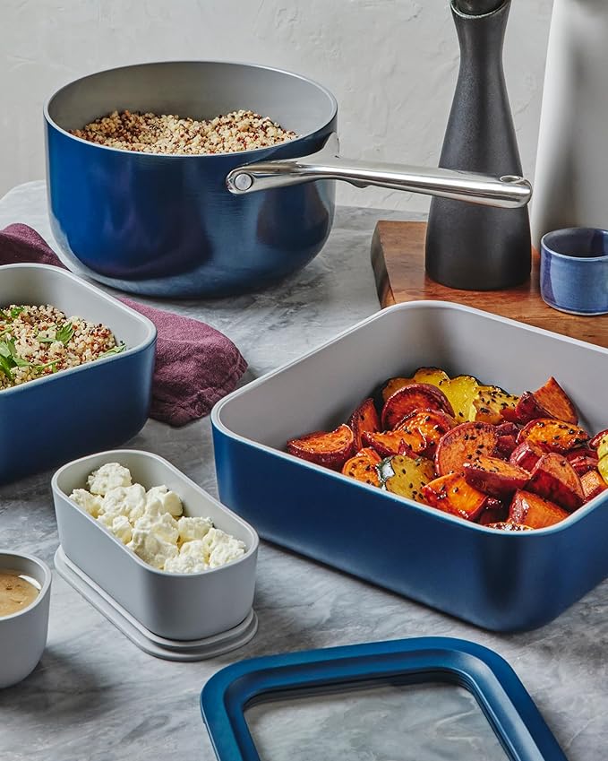 Caraway 6pc Glass Food Storage Set – 10 Cup Food Containers (6) - Ceramic Coated - Non Toxic, Non Stick with Lids - Microwave Safe - Sage