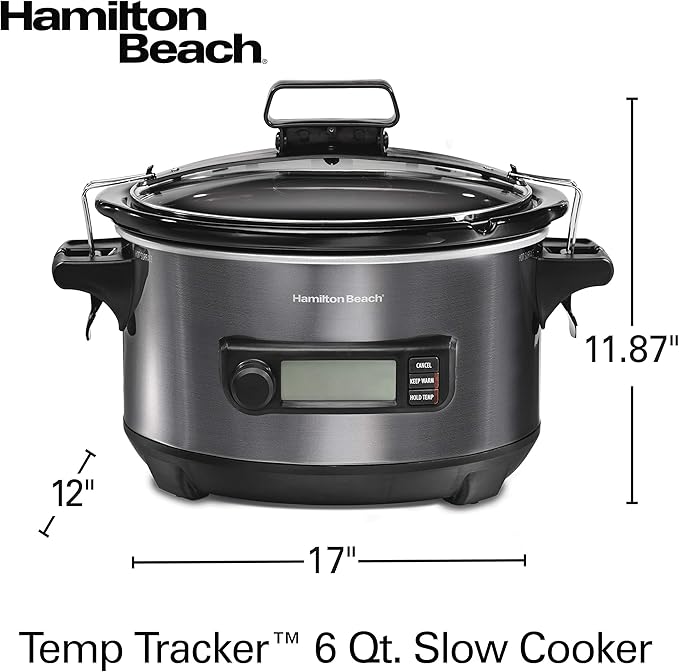 Hamilton Beach Portable 6 Quart Set & Forget Digital Programmable Slow Cooker with Lid Lock, Temperature Probe, Dishwasher Safe Crock & Lid, Black Stainless (33866)
