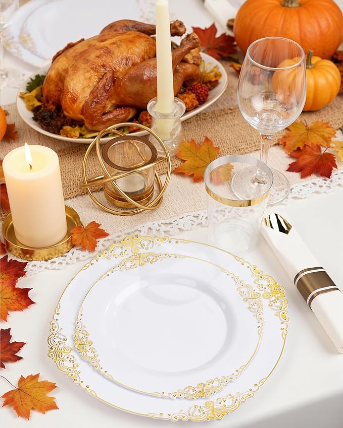 Nervure 350PCS Gold Plastic Plates - Gold Plastic Dinnerware Sets for 50 Guests - 100 Disposable Plates, 150 Silverware, 50 Cups, 50 Napkins for Wedding & Party & Thanksgiving