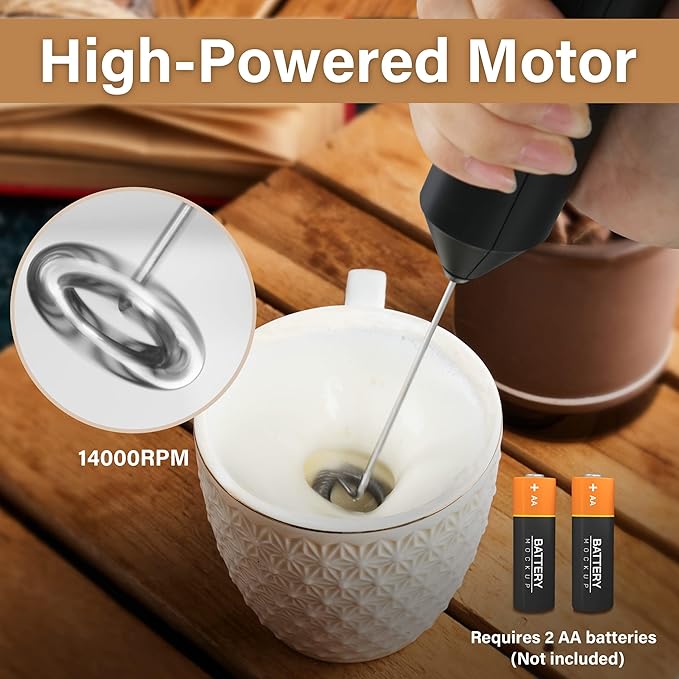 YSSOA Electric Milk Frother Handheld with Stainless Steel Stand Battery Operated Whisk Drink Mixer for Coffee, Latte, Matcha, Hot Chocolate, Black