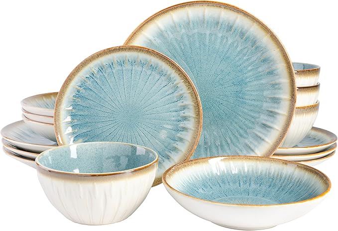 Gibson Elite Mayfair Bay 16-Piece Embossed Double Bowl Dinnerware Set, Service for 4 – Blue Stoneware Plates and Bowls