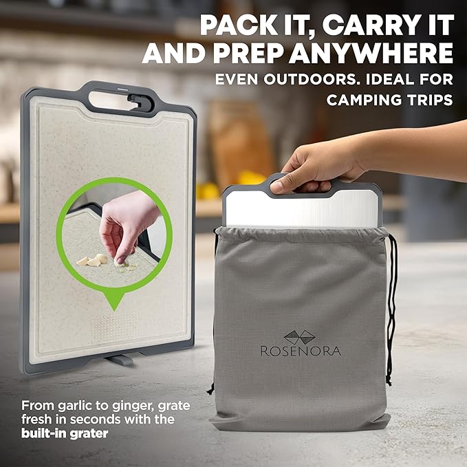Double-Sided Cutting Board with Stand, Knife Sharpener & Grater | Non-Toxic Titanium + Wheatstraw PP Chopping Board | Healthy Choice Kitchen Accessory for Meat, Vegetables & Fruit