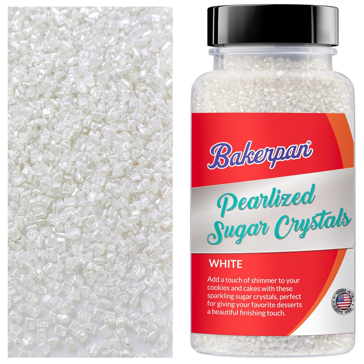 Bakerpan Pearlized Sugar Sprinkles for Baking - 5 Ounce - Sparkling White Decorating Sugar Crystals for Cookies, Cake Pops, Ice Cream (Made in USA)