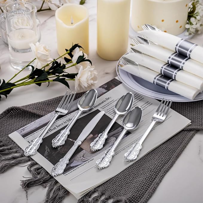 WELLIFE 50 Pack Silver Plastic Silverware, Plastic Cutlery Set Include 50 Forks, 50 Knives, 50 Spoons and 50 Pre Rolled Napkins, Disposable Utensils for Party and Wedding