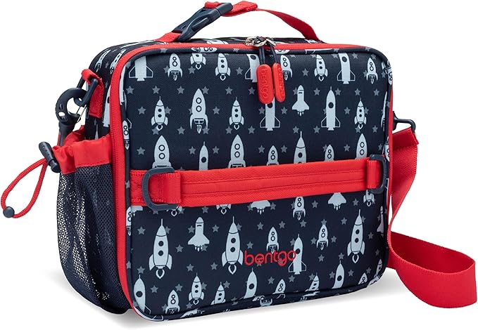 Bentgo Kids Lunch Bag - Durable, Double-Insulated Lunch Bag for Kids 3+; Holds Lunch Box, Water Bottle, & Snacks; Easy-Clean Water-Resistant Fabric & Multiple Zippered Pockets (Rocket)