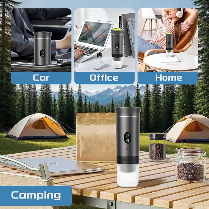 3-in-1 Portable Espresso Machine for Travel & Camping- 20 Bar Self-Heating Portable Coffee Maker with USB-C LED Display Car Coffee Maker, Compatible with Grounds&Capsules(Ns&DG) for RV, Hiking, Office