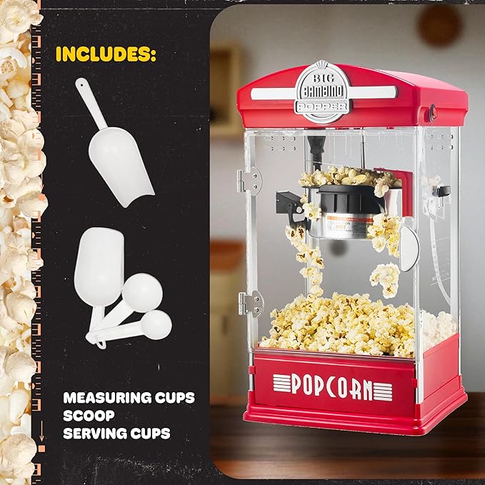 Popcorn Machine - Big Bambino Old Fashioned Popcorn Maker With 4-Ounce Kettle, Measuring Cups, Scoop, and Serving Cups by Great Northern Popcorn (Red)