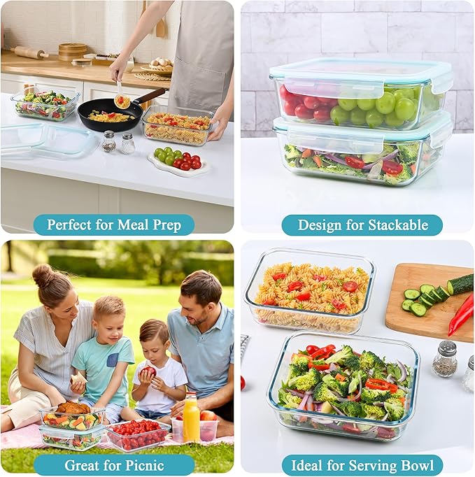 GEHE 9.8 Cup / 78 Oz Large Glass Food Storage Containers with Lids, 2 Pack Glass Meal Prep Containers Set with Airtight Locking Lids - Storing Food, Baking, Leakproof, Freezer, Microwave & Oven Safe
