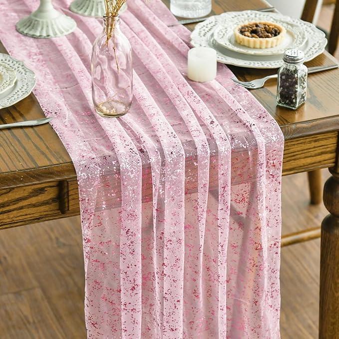 Artoid Mode 6PCS Pink Gold Gauze Table Runner 120 Inch 10FT, Glitter Metallic Foil Sheer Dining Wedding Anniversary Holiday Table Decor for Home Party