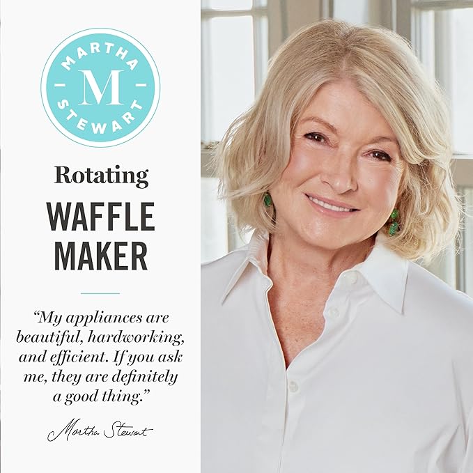 Martha Stewart Rotating Waffle Maker, 180° Flip Iron with PFAS-Free Nonstick Plates, Adjustable Timer, Ready Light, Drip Tray, Space Saving, Classic Round 7”, Easy to Clean, Stainless Steel, Caviar