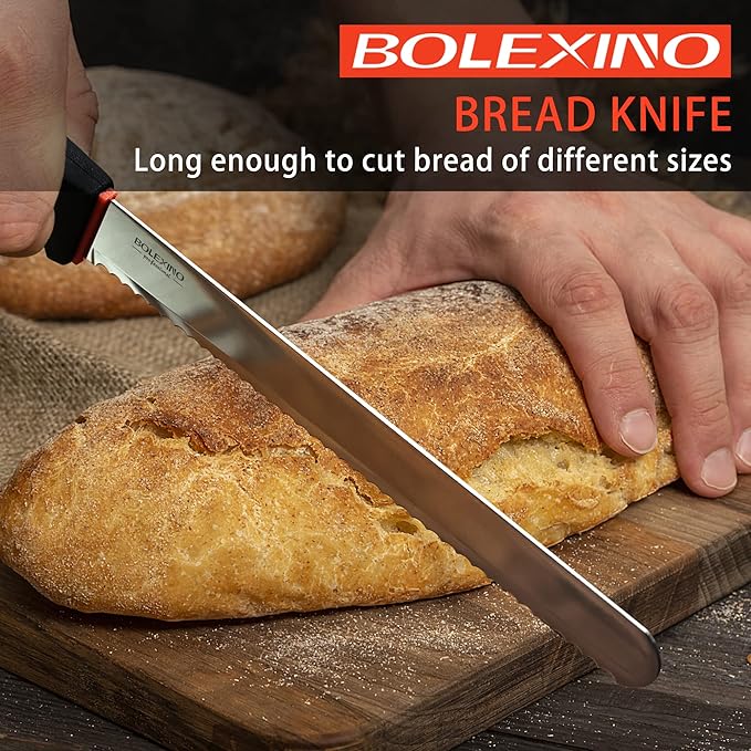 10 Inch Wavy Edge Serrated Bread Knife With Non-Slip Softgrip, Sharp & Long Blade For Homemade Bread, Crusty Breads, Cake, Bagel, 2.5MM Thickened Japanese High Carbon Stainless Steel