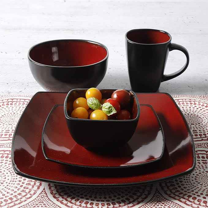 Gibson Elite Soho Lounge Square Reactive Glaze Stoneware Dinnerware Set, Service for 8 (40pc), Red/Black