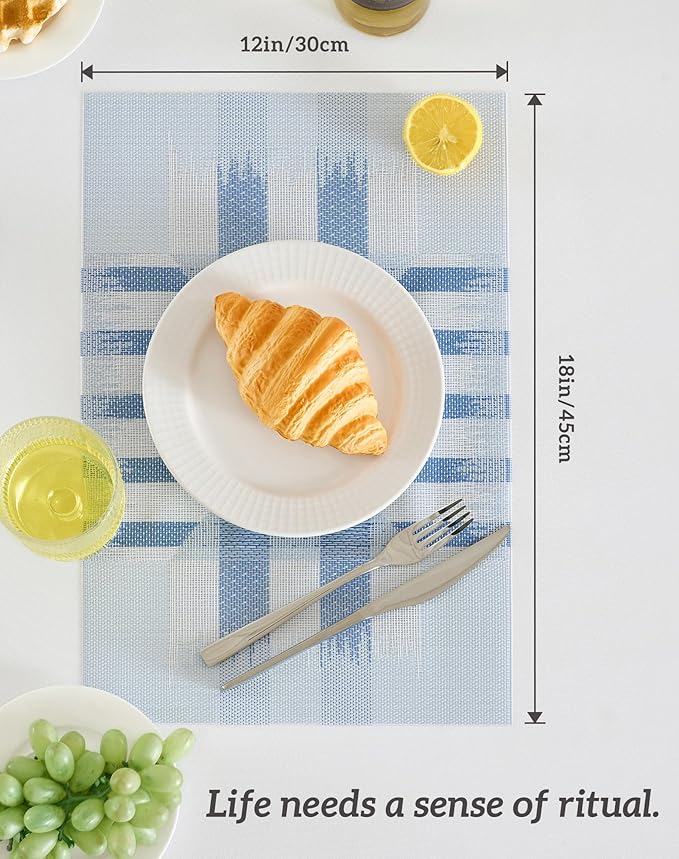Leetaltree Geometric Print Blue Placemats Set of 8 - Heat Resistant Non-Slip Place mats for Dining Table, Washable Durable PVC Vinyl Woven Table Mats (Geometric Blue, 8)