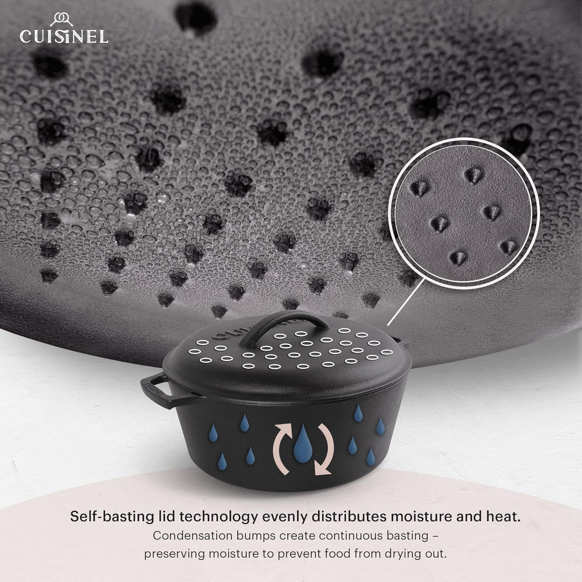 Cuisinel Cast Iron Dutch Oven - 7-Quart Deep Pot + Lid + Pan Scraper + Handle Covers - Large Pre-Seasoned Cooker for Baking Bread, Soup, Frying - Indoor/Outdoor Kitchen, Camping, Fire, BBQ Safe