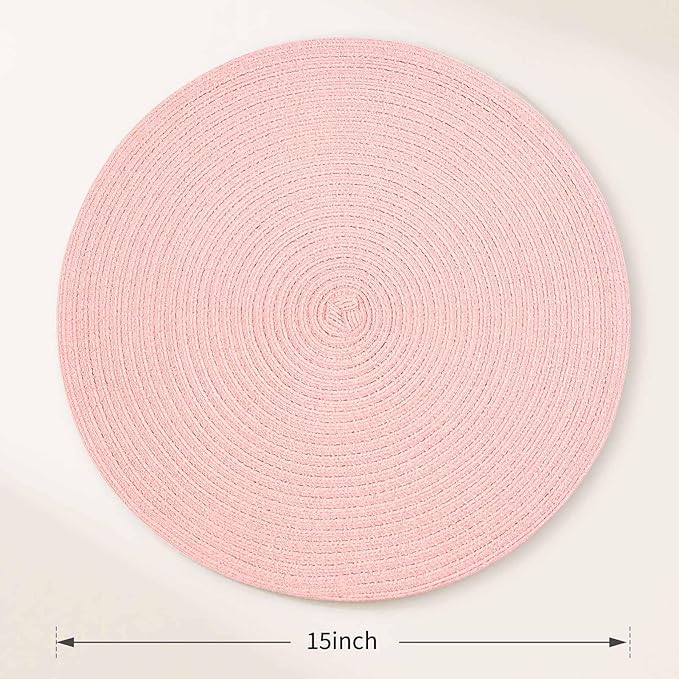 FunWheat Round Braided Placemats Set of 6 Place mats for Dining Tables Woven Heat Resistant Table Mats 15 inch (Pink)