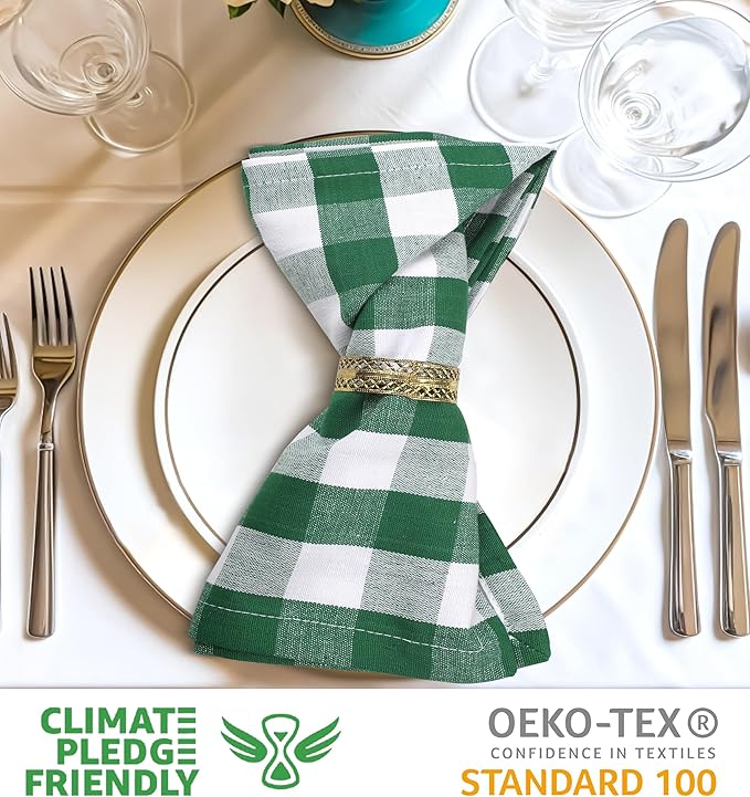 Urban Villa Cotton Dinner Napkins Set of 12, Highly Absorbent Soft Premium Cloth Napkins 20x20 Inches, Hotel Quality Reusable & Washable Table DinnerNapkins for Home -(Hunter/White, Buffalo Checked)