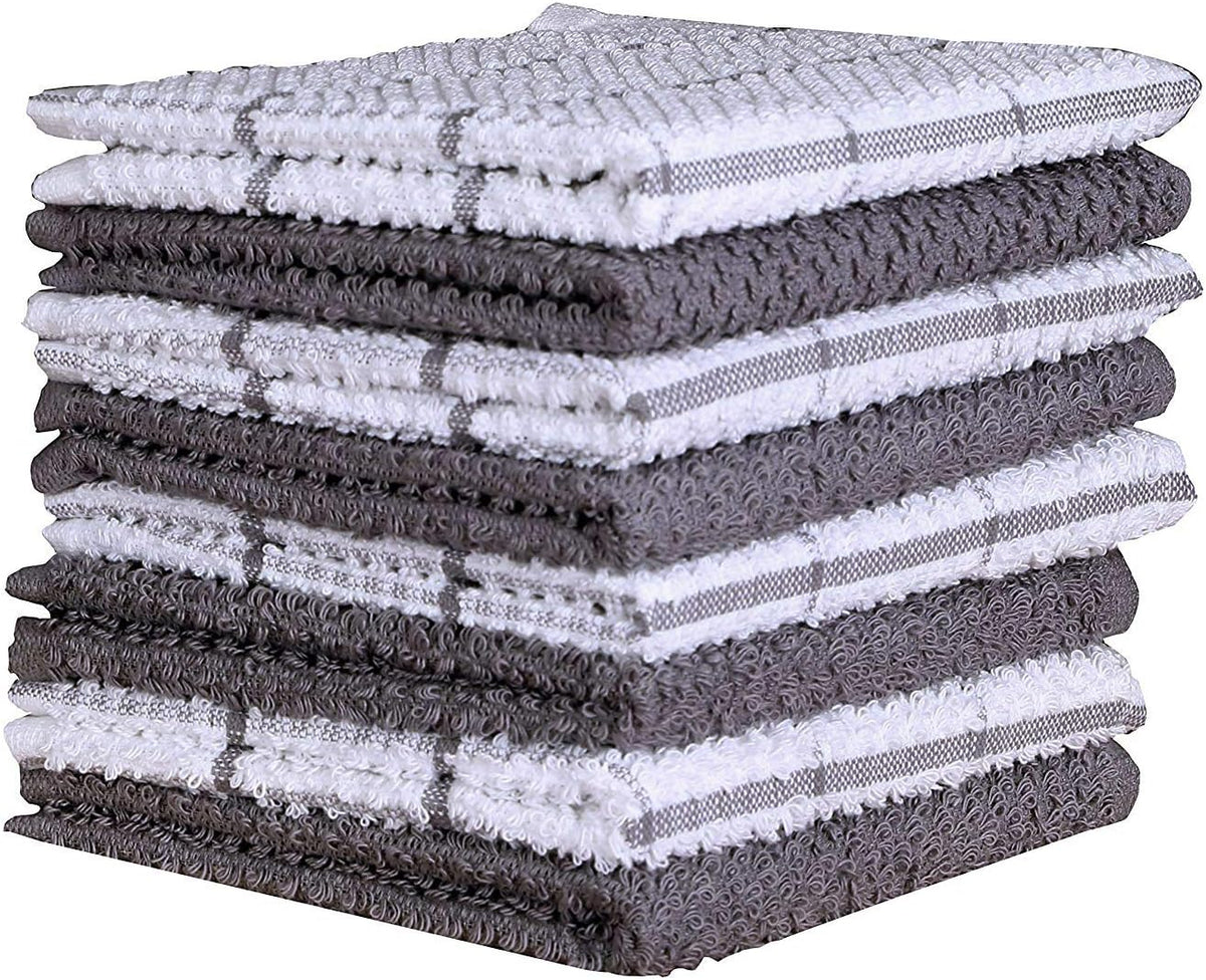 AMOUR INFINI Cotton Kitchen Dish Cloths Set of 8 – Highly Absorbent, Super Soft Premium Terry Cleaning Cloth (12"x12" Inch) Premium Dishcloths for Washing Dishes (Light Gray)