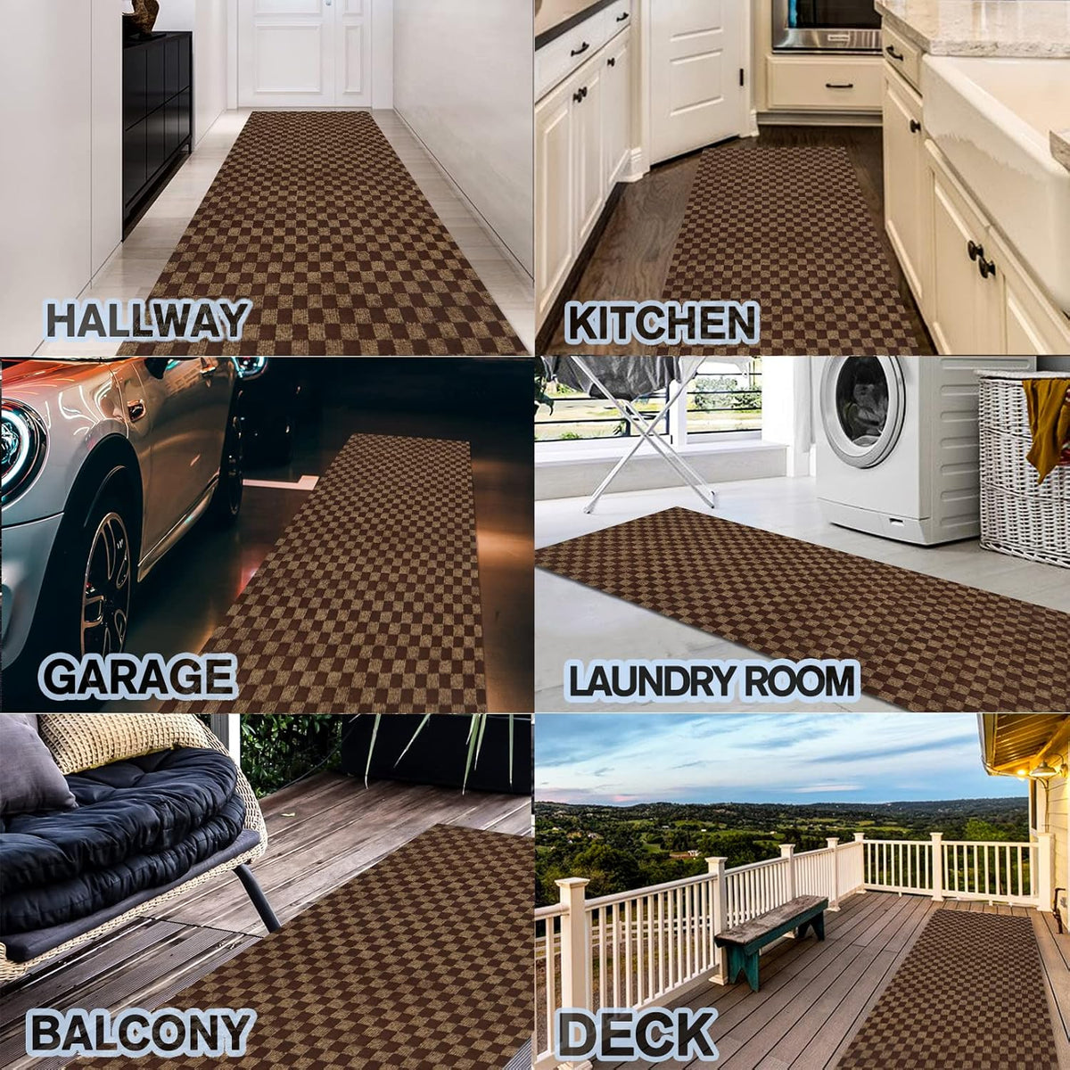 Custom Size Backed Non-Slip Area Rugs Runner, Easy Clean, Waterproof Runner Rugs for Hallway Entryway, Kitchen, Laundry, 3FT x 61FT, Brown Checkered