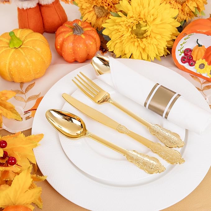 Liacere 400PCS Gold Plastic Silverware - Pre Rolled Napkins Disposable Gold Plastic Cutlery-Premium Quality Utensils-Includes 100Forks,100Knives,100Spoons,100Napkins&Wedding&Thanksgiving