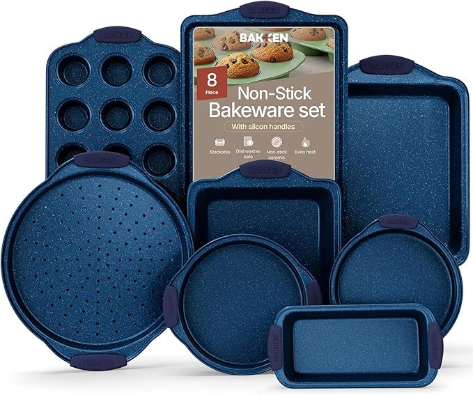 BAKKEN Kitchen Baking Pan Set - Nonstick Coating, Carbon Steel Bakeware Sets with Blue Silicone Handles, Baking Kitchen Essentials, PFOA, PFOS, PTFE Free, Oven Safe Tray (Up To 450° F), Set of 8