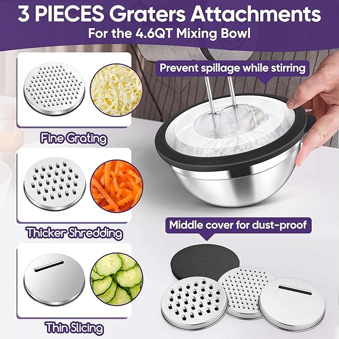 Herogo 5-Piece Mixing Bowls with Visible Lids, 3 Grater Attachments, Stainless Steel Salad Serving Bowls for Kitchen, 4.6/3.5/2.5/2/1.5 QT Ideal for Prepping & Cooking, Black