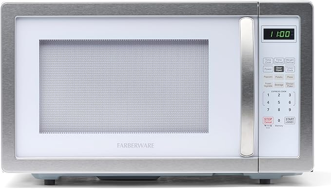 Farberware 1.1 Cu. Ft. Countertop Microwave Oven – 1000 Watts Power, Auto Cook Settings, Defrost, Easy Clean and Child Safety Lock - White Platinum