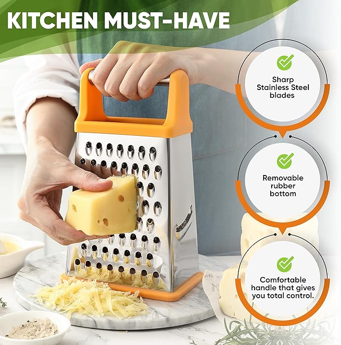 Spring Chef Handheld Stainless Steel XL Parmesan Cheese Grater with Handle - 4 Sided Manual Box Grater for Kitchen - Dishwasher Safe Cheese Shredder for Carrot, Potato, Vegetables, Hash Brown - Mango
