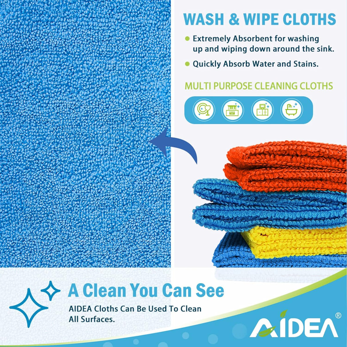 AIDEA Microfiber Cleaning Cloths 100PK, All Purpose Cleaning Supplies, Absorbent Cleaning Rags, Lint Free Microfiber Towels, Wash Cloth for House, Kitchen, Car, Window, 12"×12"