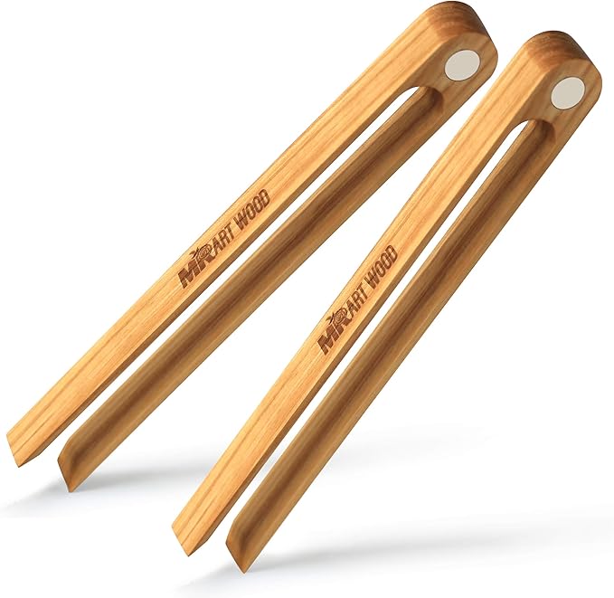 2 Pcs Magnetic Wooden Toaster Tongs | 8.7-Inch Kitchen Tongs for Cooking, Bread, Bacon, Bagels, and Muffins | Non-Toxic Design, Prefect Bamboo Alternative, Perfect for Toaster, BBQ, and Grilling