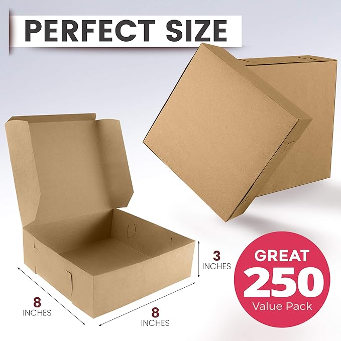 Fit Meal Prep [250 Pack] Kraft Bakery/Pie Box 8 x 8 x 3 Inch - Brown Paper Cardboard Gift Packaging, Top Lids, Corner Lock, for Cupcake, Cookies and Pastry, Restaurant, Shipping Containers and Personalized Favors, Kraft Brown
