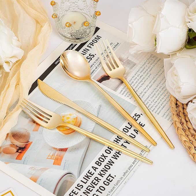 Supernal 180PCS Gold Plastic Silverware Gold Silverware Disposable Cutlery Plastic Utensils Heavy Duty Disposable Utensils Includes: 60 Knives, 60 Forks and 60 Spoons for Party, Birthday, Wedding