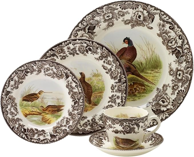 Spode Woodland 5-Piece Thanksgiving Dinnerware Set - Porcelain Plates & Teacup and Saucer, Fall Dinnerware Collection - Microwave & Dishwasher Safe - Elegant Autumn Tableware