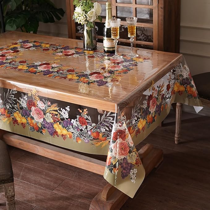Clear Table Cover Protector Vinyl PVC Rectangle Table Cloth with Floral Fruit Pattern Oil Spill Proof Plastic Tablecloths for Dining Tables Parties Holidays (Floral Fruit, 52 x 70 Inches)