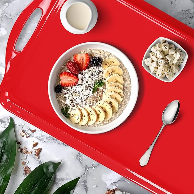 Extra Large Red/White Christmas Serving Tray with Handles, 19''x11.6'' Melamine Platters, Rectangular Trays for Serving Food, Turkey, Cookie, Cupcakes, Desserts, Dishwasher Safe, BPA-Free, Set of 2