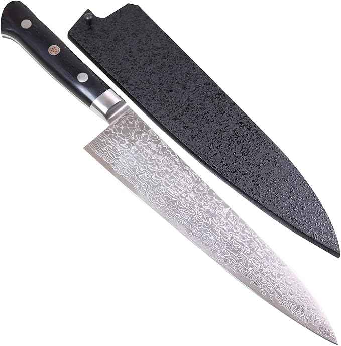 Kagayaki Japanese Chef’s Knife, KGRP-3 Professional Gyuto Knife, Polished Patterned Damascus Stainless Steel with Ergonomic Black Pakka Wood Handle, 8.2 inch