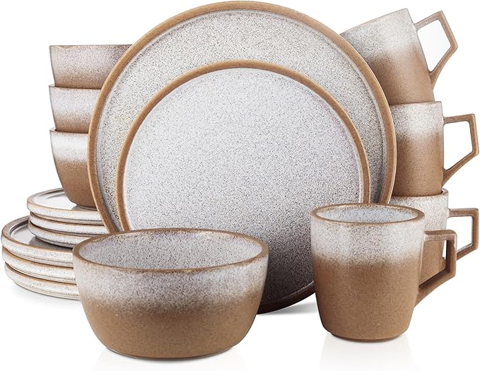 Stone Lain Vince Rustic Stoneware Reactive Glaze Dinnerware Set, Service for 4, Brown, 16 Piece
