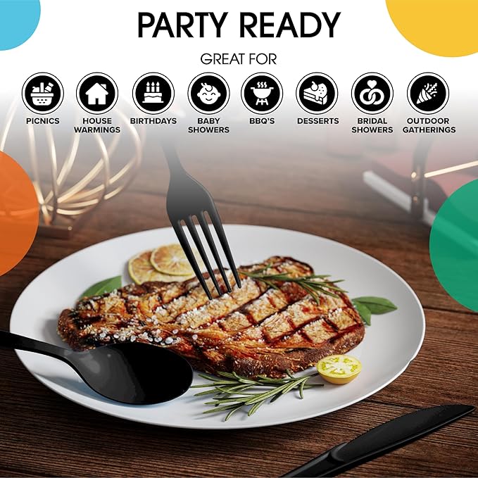 Party Solids Black Plastic Silverware Heavy Duty 150 Pieces Black Plastic Cutlery Sets, Utensil Sets, 50 Of Each Forks, Knives & Spoons Disposable Cutlery Set, Flatware Set For Party Supplies