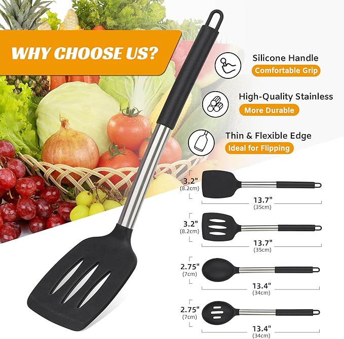 Kitchen Utensils Set of 4 Pack,Silicone Cooking Utensils Set for Nonstick Cookware,Perfect for Baking and Mixing,Spatula Set BPA Free,Dishwasher Safe,Black