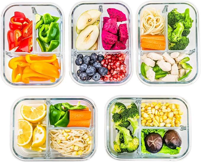 C CREST 5-Pack,3 Compartment Glass Meal Prep Containers Set,34oz, Divided Glass Food Storage Containers with Lids, Glass Lunch Box with Dividers