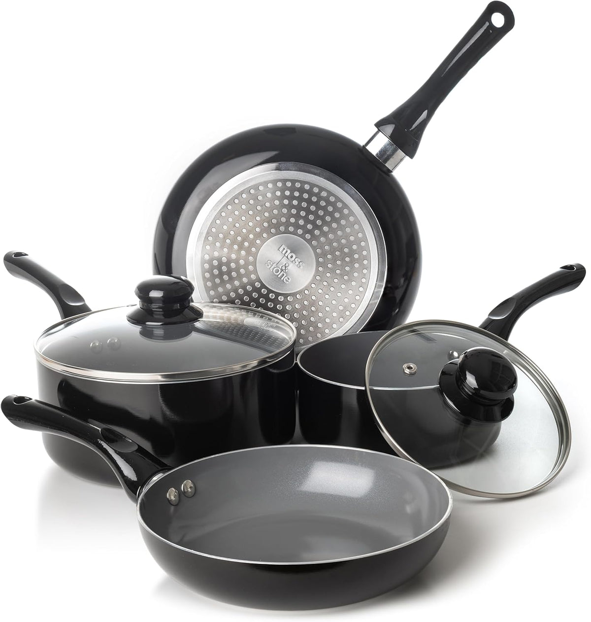 Moss & Stone 6 Pcs Black Nonstick Cookware Set, Pots And Pans Set Non stick With Glass Lid, Induction Cookware, Stay-Cool Handle PTFE/PFOA Kitchen Pots 6-Piece with Frying Pans & Saucepan