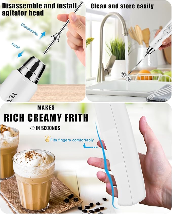 YUSWKO Rechargeable Milk Frother Handheld Frother Wand Drink Mixer for Coffee, Electric Whisk 3 Speed Adjustable, Coffee Foamer Maker with 3 Stainless Whisks Ideal Stirrers for Travel - White