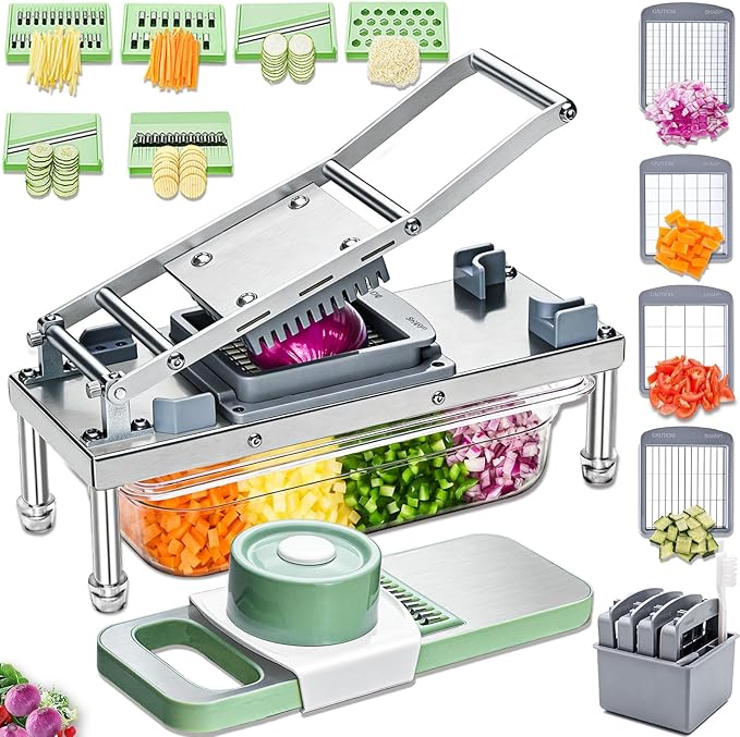 Stainless steel Vegetable Chopper, Veggie Chopper With 10 Blades, Onion Dicer with Container, Food Cutter & Grater Mandoline Slicer