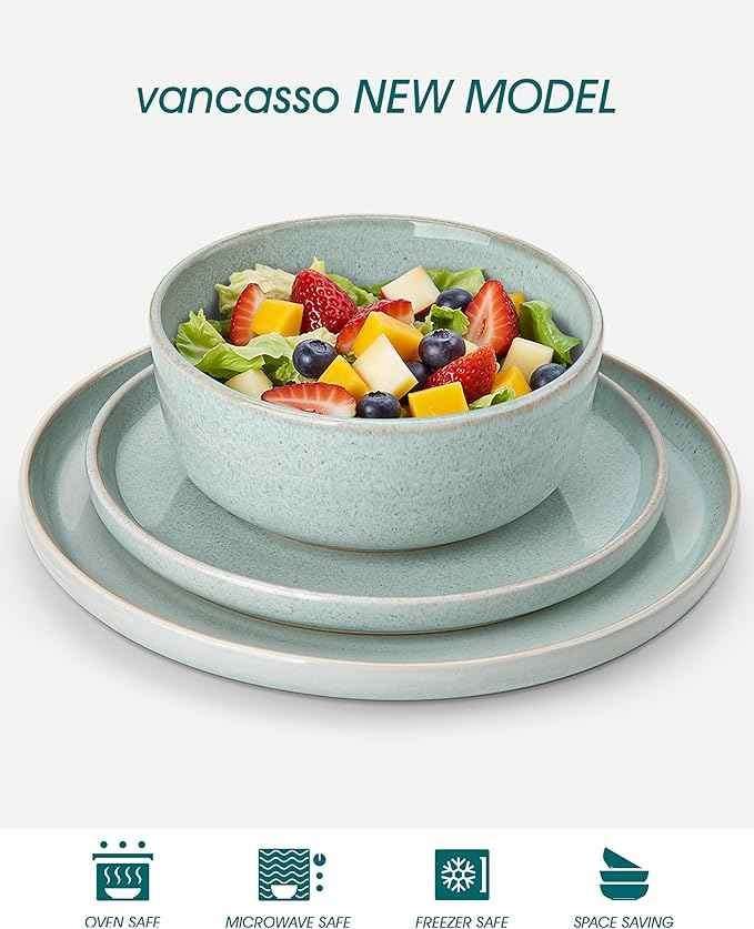 vancasso ANYA 24 Pieces Plates and Bowls Set, Mint Green Dinnerware Sets, Reactive Glaze Dishes Set for 8, Ceramic Dishware Sets Kitchen Dinner Set, Microwave & Dishwasher Safe