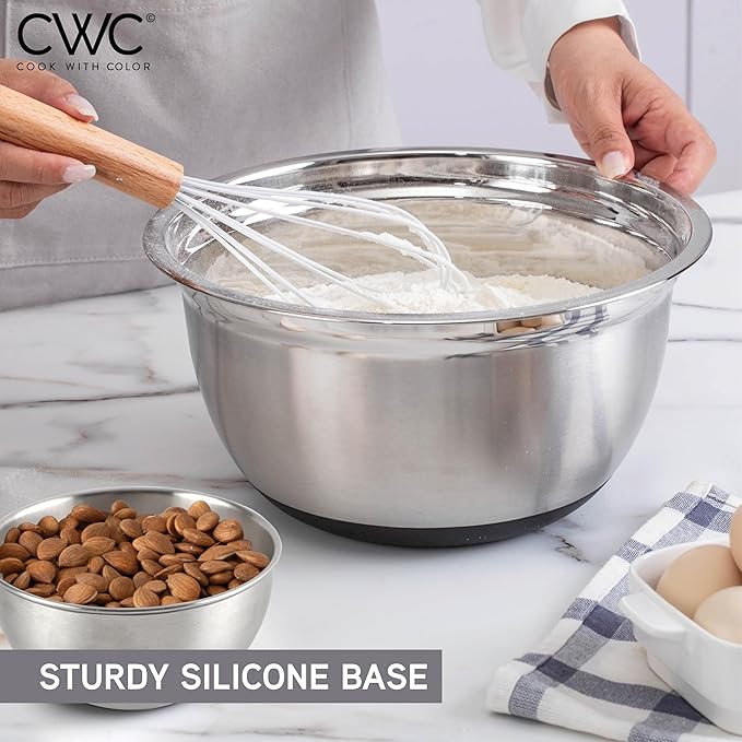 COOK WITH COLOR Stainless Steel Mixing Bowls Set with Lids - Nesting Bowls with Non-Slip Bottom, Silver, 22 Pieces