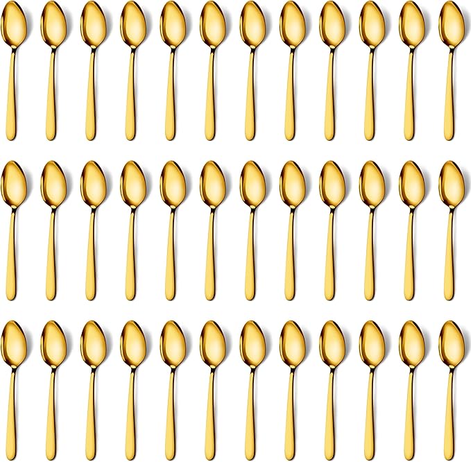 Pleafind 36 Pieces Gold Teaspoons Set - 6.2 inch, Spoon Silverware, Stainless Steel Tea Spoons, Mirror Polished Small Teaspoon, Dessert Spoons for Home, Kitchen, Restaurant, Dishwasher Safe