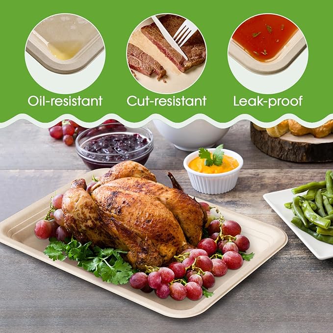 ECOLipak 100 Pack 14 Inch Disposable Food Crawfish Trays, Compostable Large Paper Plates, Disposable Thanksgiving Trays for Serving Food, Turkey, BBQ, Seafood Boil Party Supplies(Nature)