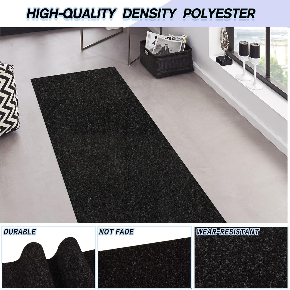 Custom Size Backed Non-Slip Area Rugs Runner, Easy Clean, Waterproof Runner Rugs for Hallway Entryway, Kitchen, Laundry, 3FT x 12FT, Black