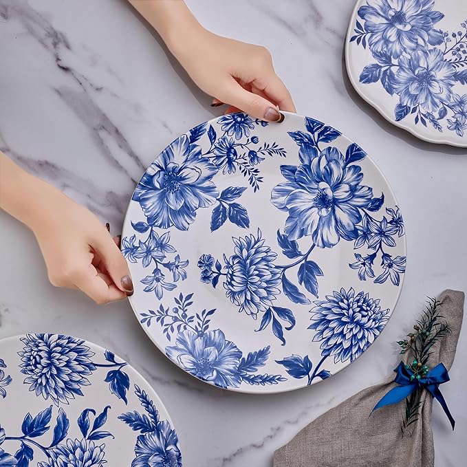 Bico Blue Floral Haven Dinner Plates Set of 4, 11 Inch Large Ceramic Plates for Pasta, Steak, Stylish Serving Dishes, Microwave and Dishwasher Safe, Gift for Housewarming and Thanksgiving